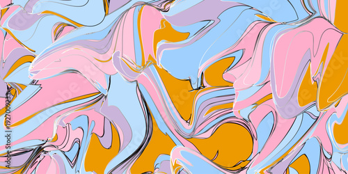 Abstract liquid marble background with pink blue and orange swirls, retro psychedelic wavy texture, colorful fluid paint flow backdrop.