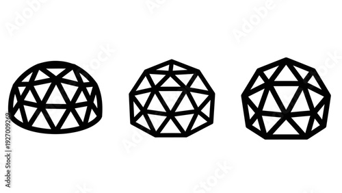 Three geometric geodesic dome structures in black and white line art.