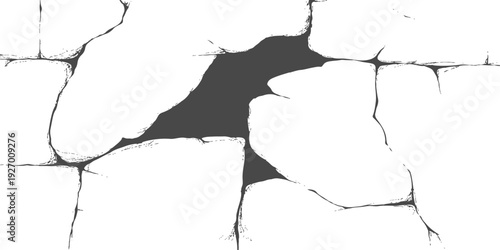 Cracked white plaster wall texture with damaged broken surface background