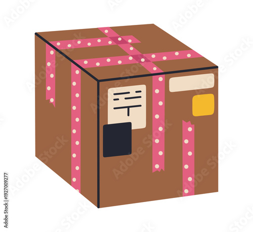 Cartoon cargo box. Warehouse box covered with adhesive tape, packed parcel, delivery or moving carton containers flat vector illustration. Carton box isolated on white background