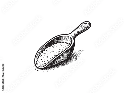 Black and white illustration of a wooden scoop filled with granular substance