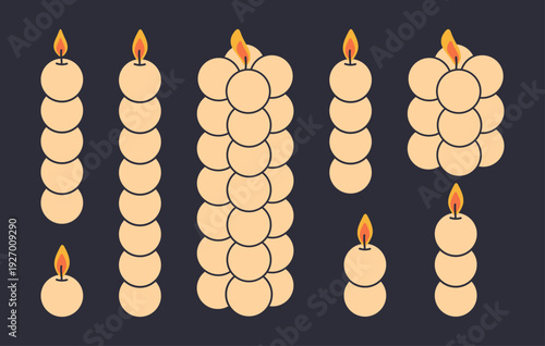 Cute bubble aroma candles. Burning aromatic wax candles, decorative home interior aromatherapy candles flat vector illustration set. Beige candles isolated on dark background