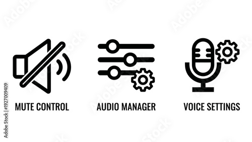 Set of minimalist outline icons illustrating audio control features, including mute, sound manager, and voice settings for device configuration and user interface design.