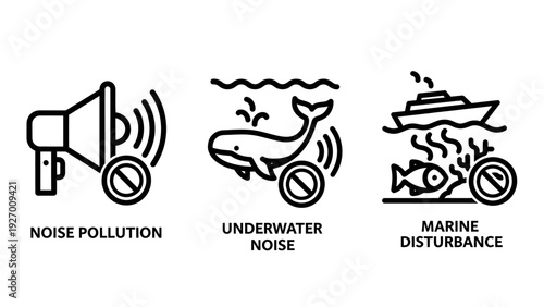 Outline icons representing environmental concerns of noise pollution, focusing on underwater noise and marine disturbance impacting ocean life and ecosystems.