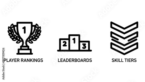 Outline icons representing gaming achievements and competitive rankings, including player rankings, leaderboards, and skill tiers for online games and challenges.