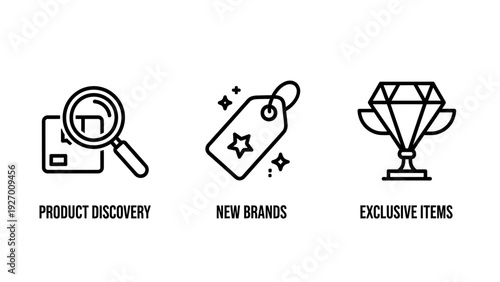 Icons for retail and e-commerce: product discovery with magnifying glass, new brands with star tag, and exclusive items with trophy.