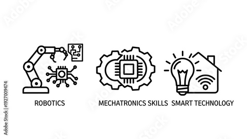 Icons for modern technology: robotic arm for robotics, CPU chip in gear for mechatronics skills, and smart home with lightbulb and Wi-Fi.