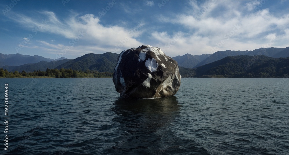 Fototapeta premium isolated rock formation in a calm lake with mountain backdrop.