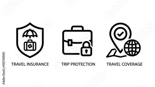 Modern Outline Travel Insurance and Trip Protection Vector Icons for Global Journey Safety and Coverage