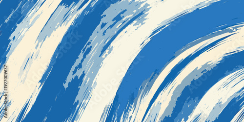 Abstract brushstrokes of blue and white create a dynamic composition