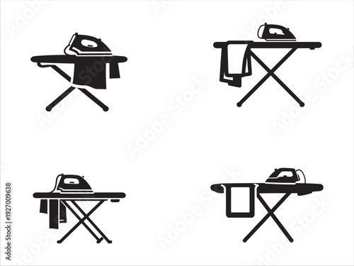 Four different ironing board designs with clothes and iron isolated on transparent background