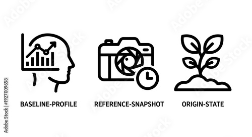 Abstract Baseline Profile and Reference Snapshot Icons Illustrating Data Analysis, Growth, and Origin State Tracking in Business and Technology
