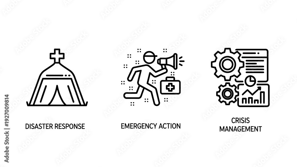 Fototapeta premium Critical crisis management and emergency response icons for disaster preparedness, humanitarian aid, urgent action, and strategic planning.