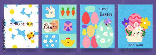 A set of Easter cards, website banners, posters, flyers, and covers. A trendy, modern design featuring cute bunnies, hand-drawn flowers, and Easter eggs. Vector illustration.