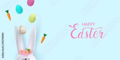 Easter poster with a ceramic bunny, flowers, and patterned flying Easter eggs. Easter greetings and gifts. Template for Easter advertising and shopping. Vector.