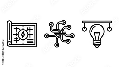 Engineering, innovation, and electrical design icons representing technical blueprints, electronic circuits, and bright new ideas or power generation.