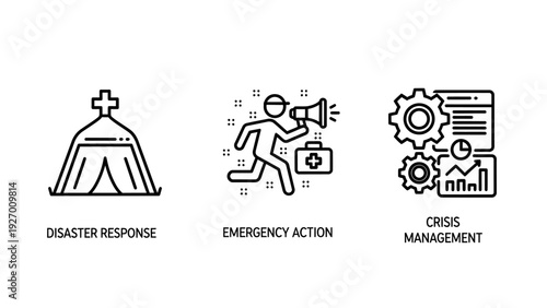 Critical crisis management and emergency response icons for disaster preparedness, humanitarian aid, urgent action, and strategic planning.