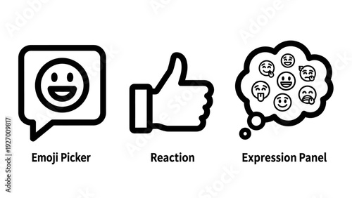 Social media and digital communication icons for emoji selection, user reactions, and displaying emotional expressions in online interfaces.