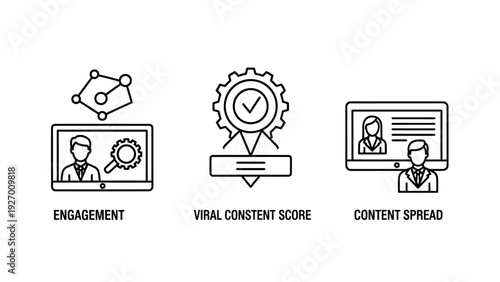 Digital marketing and analytics icons for measuring online engagement, tracking viral content scores, and visualizing content spread across platforms.