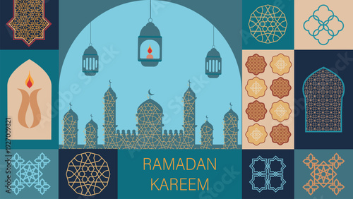 Ramadan Kareem greeting card, poster, banner, and cover, decorated with traditional patterns, mosques, and crescent moons in a flat geometric style. Vector illustration.