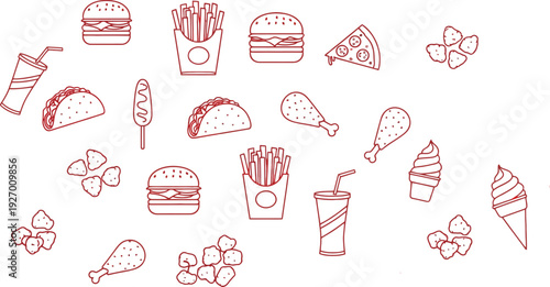 Assortment of various fast food items including burgers, tacos, fries, and beverages are scattered across a white background in a red line art.