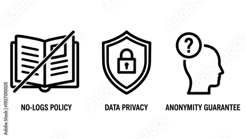No-Logs Policy, Data Privacy, and Anonymity Guarantee Icons - Digital Security and Personal Information Protection