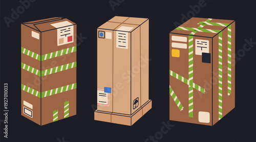 Warehouse carton boxes. Cardboard boxes, packed parcels, delivery or moving carton containers flat vector illustration set. Cartoon cargo boxes isolated on dark background