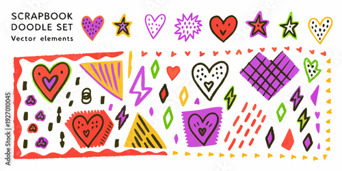 Colorful scrapbook doodle set featuring hearts stars and abstract shapes