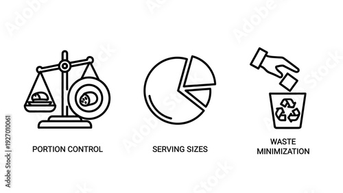 Portion Control, Serving Sizes, and Waste Minimization Icons - Healthy Eating and Sustainable Food Management