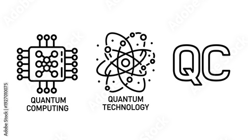 Quantum Computing and Technology Icons: Abstract Representation of Advanced Physics, Processors, and Futuristic Digital Innovation
