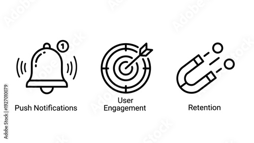 Push Notifications, User Engagement, and Retention Icons - Digital Marketing and Customer Relationship Management