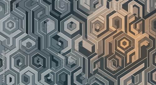 Abstract geometric background with interlocking hexagonal patterns in shades of grey and warm orange gradient.