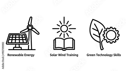 Renewable Energy and Green Technology Skills Icons: Sustainable Power, Solar, Wind, and Environmental Education Concepts