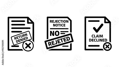 Denied, Rejected, and Declined Document Icons: Return Notices, Claim Status, and Application Refusal Concepts