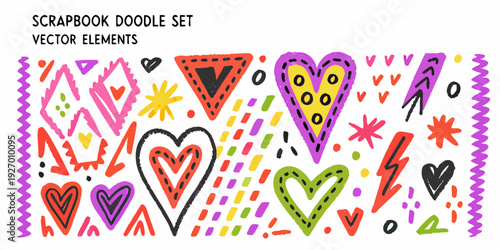 Colorful scrapbook doodle set with hearts stars and lightning bolts