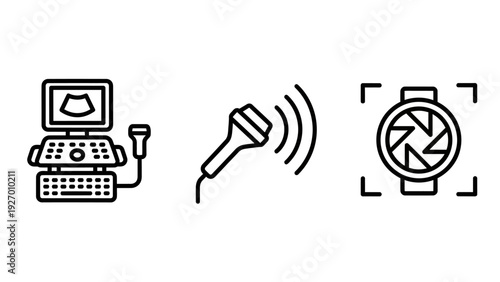 Black outline icons representing an ultrasound machine, microphone, and camera shutter, covering concepts in medical imaging, audio recording, and photography.