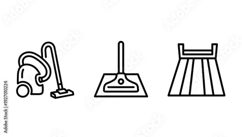 Household Cleaning Icons: Vacuum Cleaner, Dustpan, and Brush Symbols for Home Maintenance and Hygiene