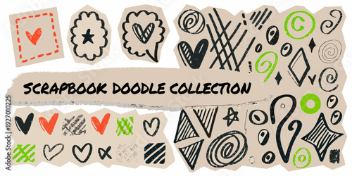A colorful collection of hand drawn doodles and scrapbook elements