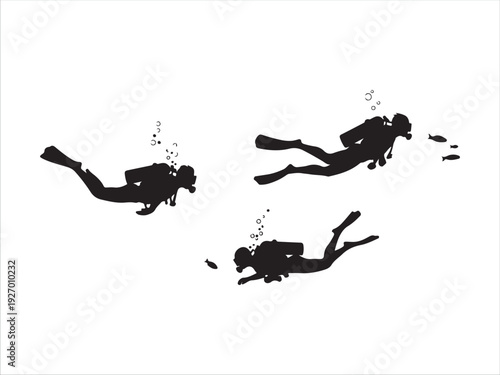 Three Divers Swimming Underwater With Bubble Trails Silhouette Style