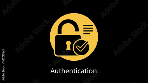 Successful Authentication Icon: Secure Padlock with Checkmark in Yellow Circle Symbolizing Verified Login