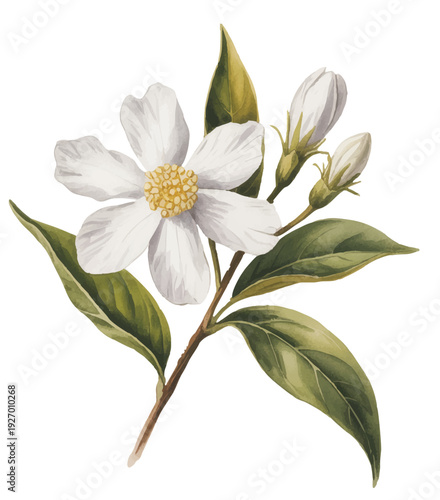 Elegant white jasmine blossom with buds in soft hand painted watercolor botanical composition.