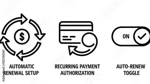 Subscription Management Icons: Automatic Renewal, Recurring Payment Authorization, and Auto-Renew Toggle Settings
