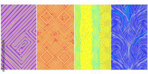 Abstract geometric patterns in vibrant purple orange yellow and blue hues