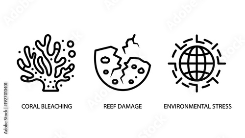 Environmental Conservation Icon Set Depicting Coral Bleaching Reef Damage and Global Environmental Stress Caused by Climate Change and Ocean Warming