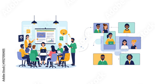 Hybrid Business Meeting Concept: Team collaborating in-person and remotely. Corporate training, video conference, and blended work illustration.