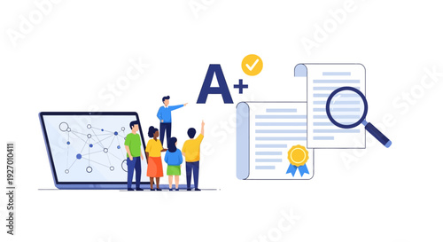 Professional Education and Online Certification Concept. Students Achieve A+ Grade Score for Quality Assurance, Successful Learning, and Skill Development.