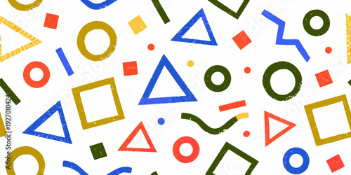 Colorful geometric shapes scattered randomly against a white background