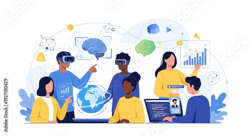 Digital Transformation Team Collaboration using VR, AI, Metaverse, and Big Data Analysis. Diverse professionals working on future technology illustration.