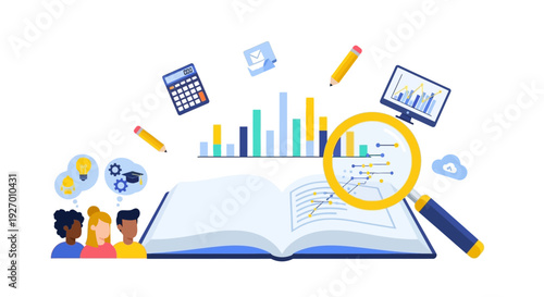 Team Learning, Data Analysis, and Business Education Concept. Financial Research and Knowledge Acquisition Vector Illustration.