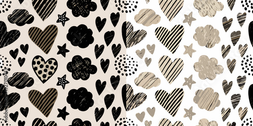 Seamless pattern with hand drawn hearts flowers and stars in neutral tones